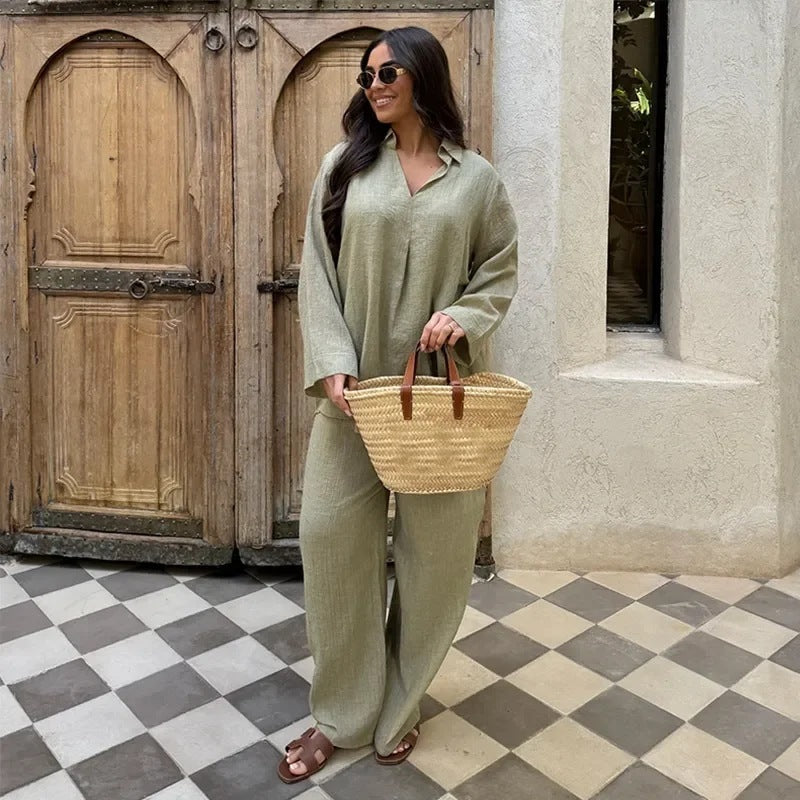 Luxury Summer and Autumn V-neck Women's Shirt Two-piece Set