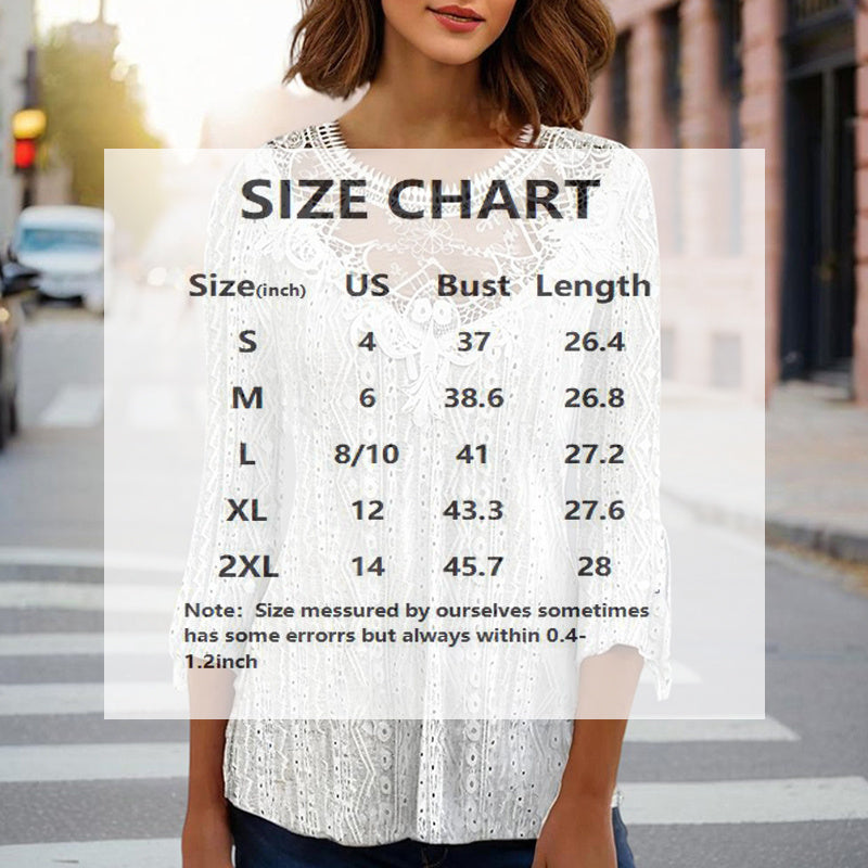 Round Neck Lace Trim Semi-Sheer Blouse - Sexy Half Sleeve Hollow Out Top