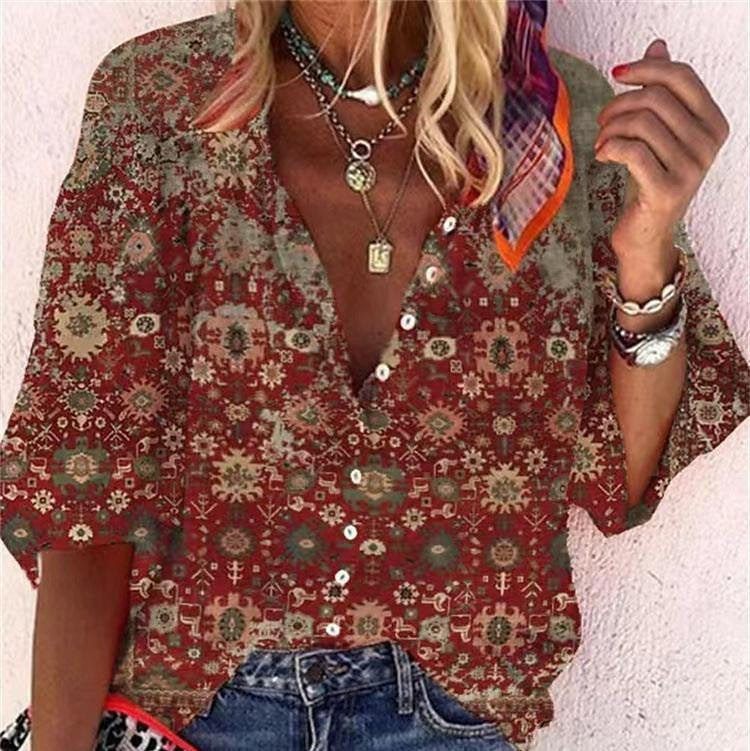 3D Floral Print Loose Three-quarters Sleeve Top For Spring V-neck Casual Shirt For Women