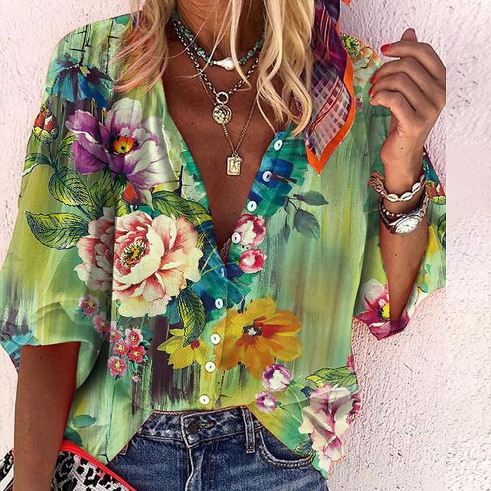 3D Floral Print Loose Three-quarters Sleeve Top For Spring V-neck Casual Shirt For Women