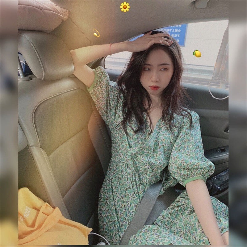 High Waist Short Skirt Small Fresh Green Floral Dress Puff Sleeve Women