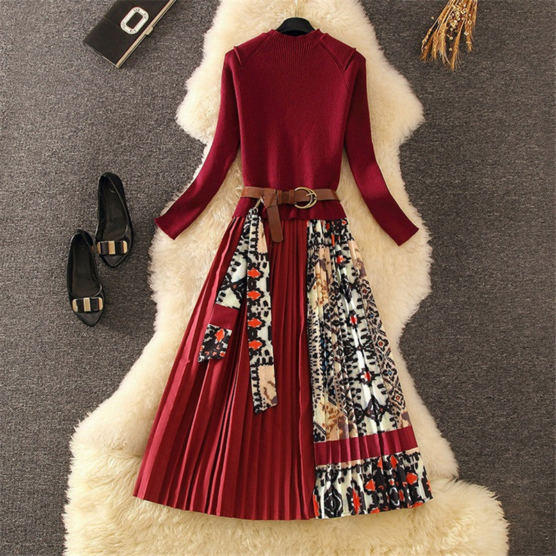 Printed Pleated Skirt Knit Patchwork Dress