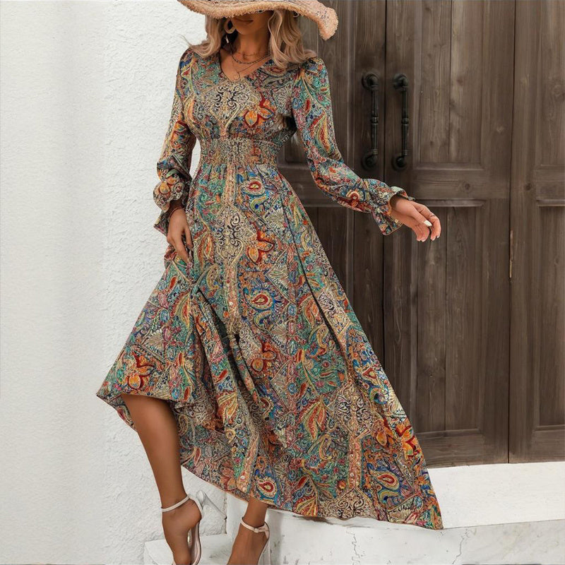 Retro Geometric V-Neck Print Flounce Sleeve Dress