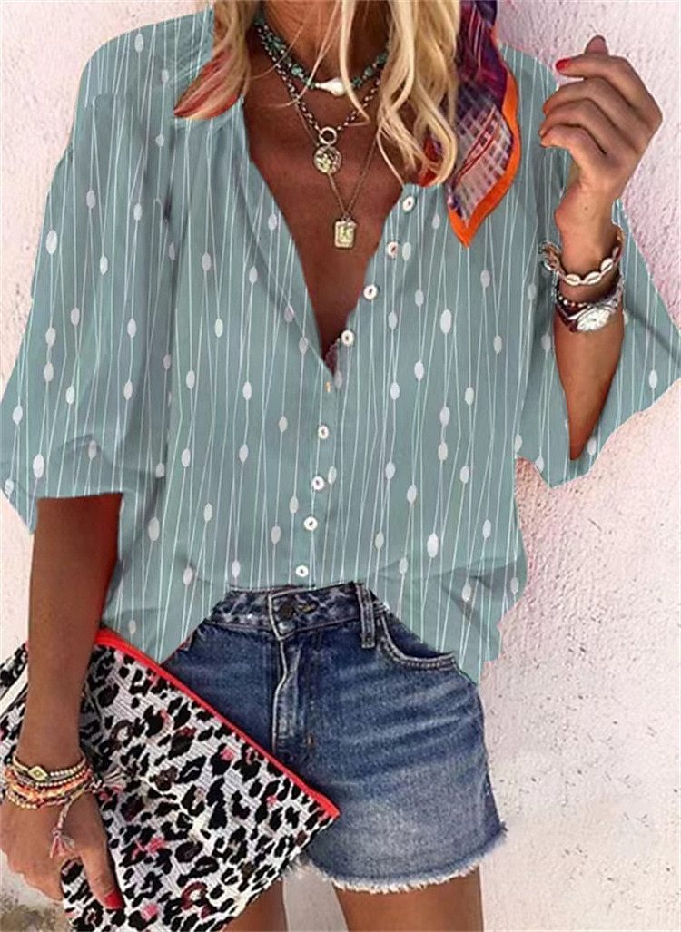 3D Floral Print Loose Three-quarters Sleeve Top For Spring V-neck Casual Shirt For Women
