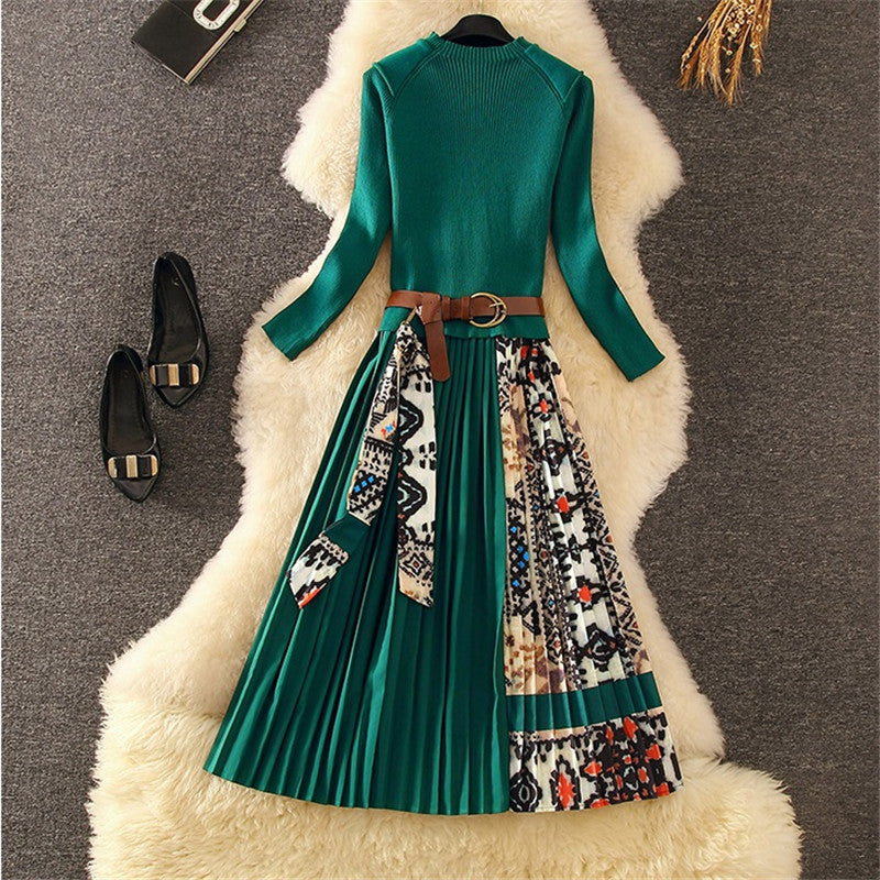 Printed Pleated Skirt Knit Patchwork Dress