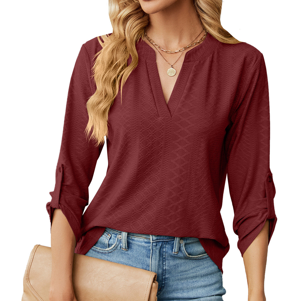 New Solid Color V-neck Three Quarter Sleeve Button Loose T-shirt Top For Women