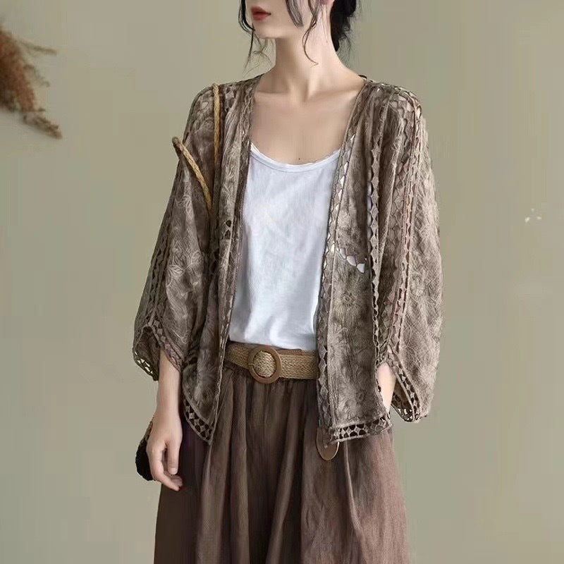 LEEBEE Cardigan Women Coat Lace Crochet Beach Sun Protection
