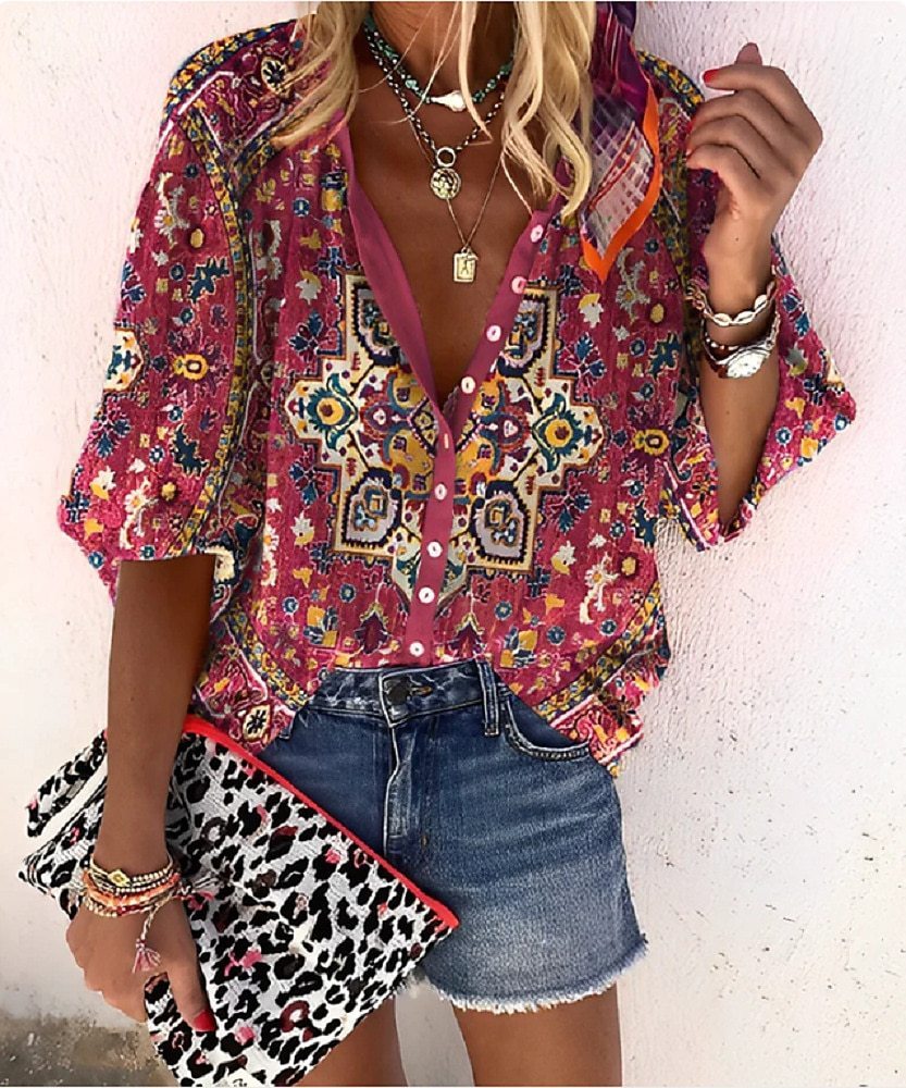 3D Floral Print Loose Three-quarters Sleeve Top For Spring V-neck Casual Shirt For Women