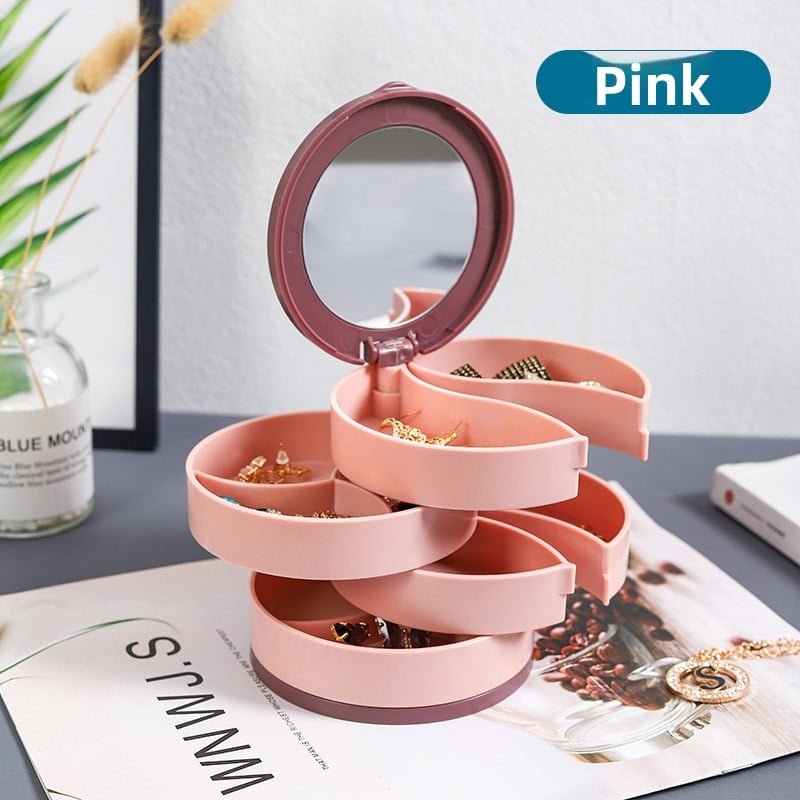 4-Layer Jewelry Box with Makeup Mirror & 360-Degree Rotation