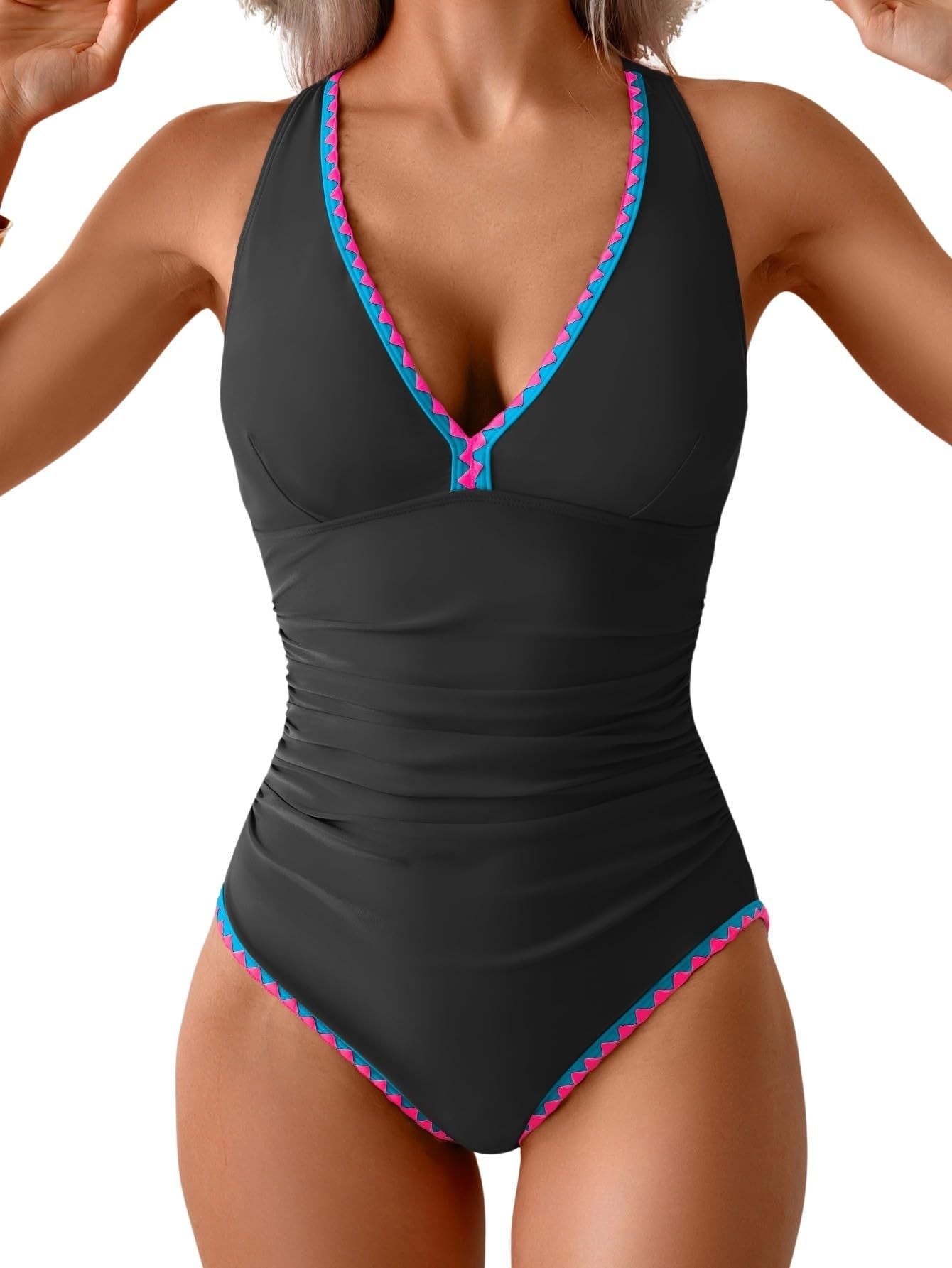 Women's One Piece Belly Contraction Pleated Push-up Lace-up Swimsuit