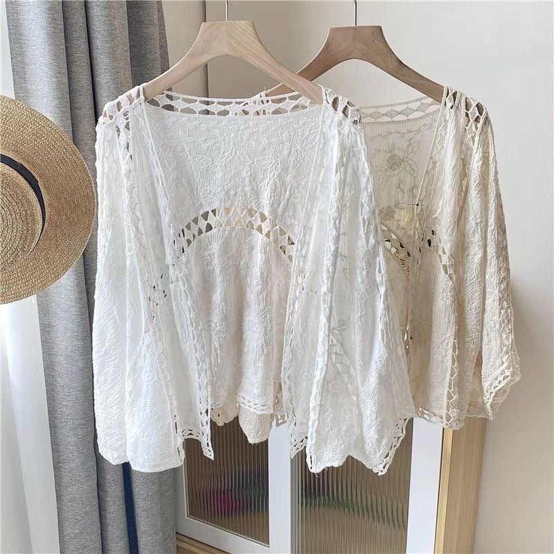 LEEBEE Cardigan Women Coat Lace Crochet Beach Sun Protection