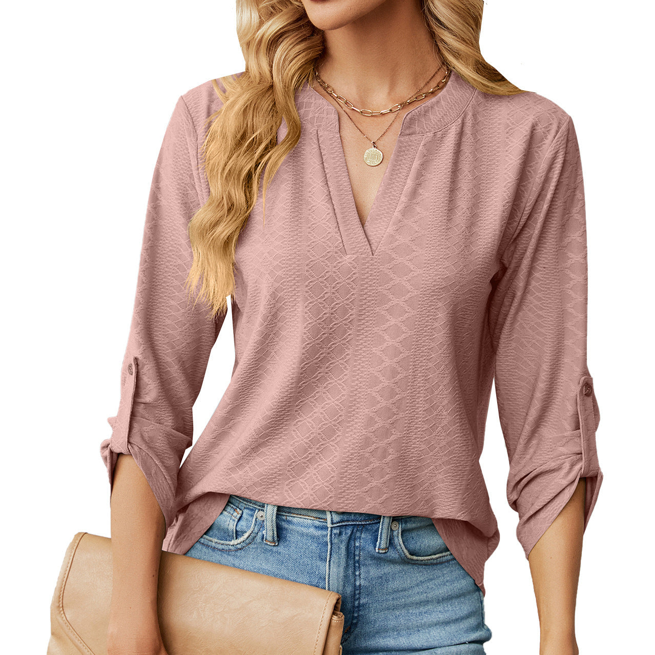 New Solid Color V-neck Three Quarter Sleeve Button Loose T-shirt Top For Women
