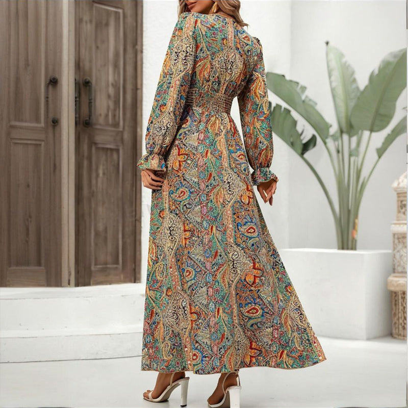 Retro Geometric V-Neck Print Flounce Sleeve Dress