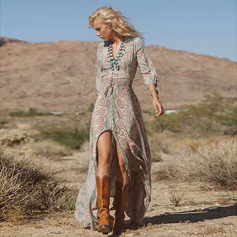 Chiffon Printed Dress Women's Fringed Long Skirt