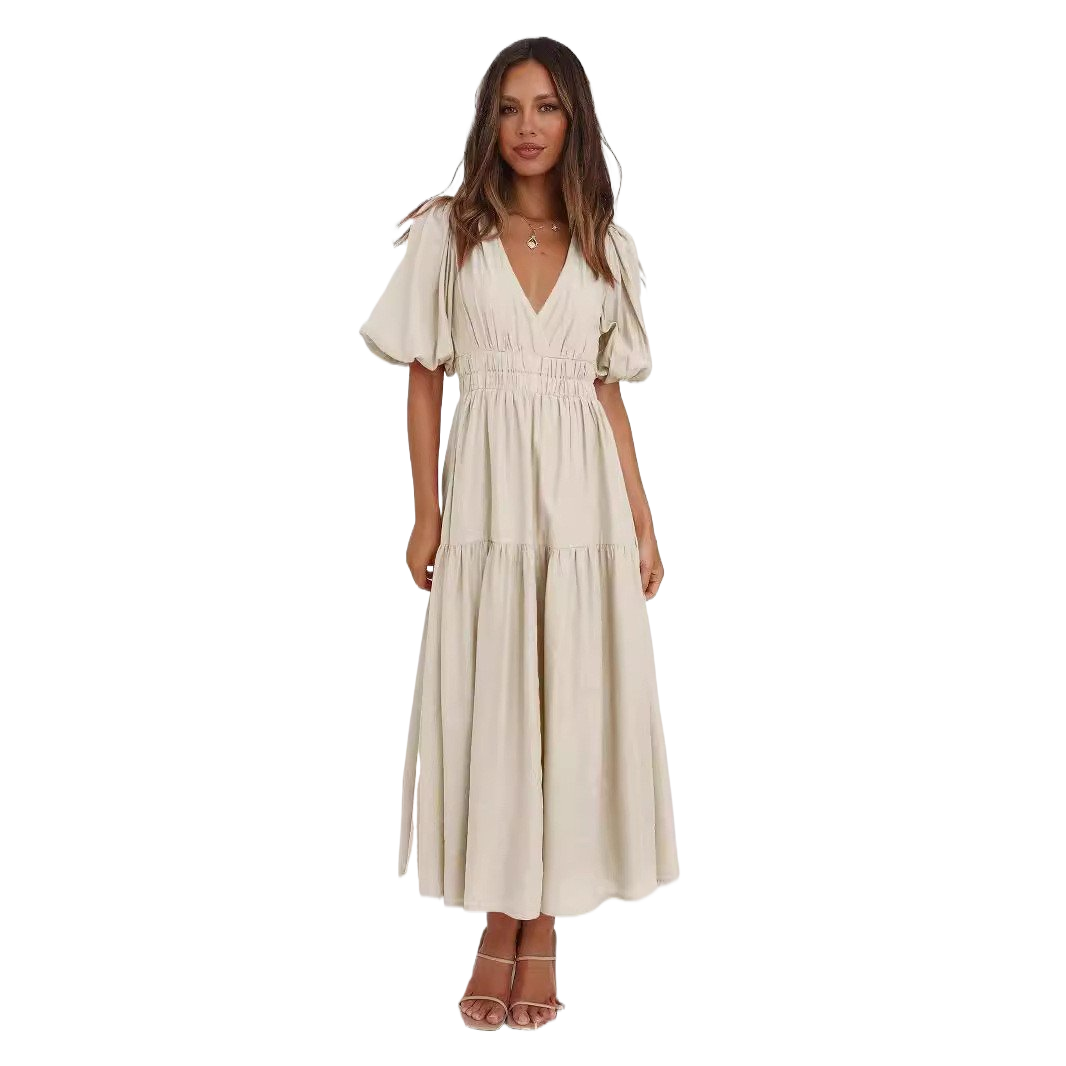 Deep V puffed sleeve vacation dress