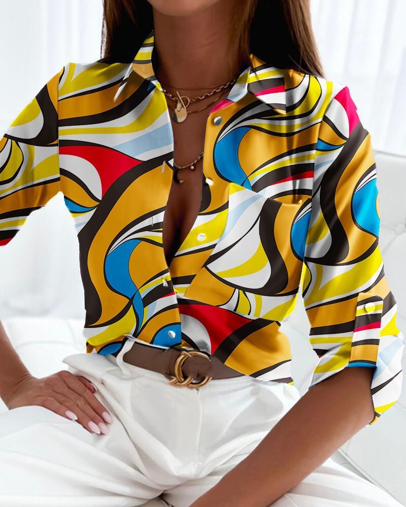 Spring And Autumn Top POLO Collar Long Sleeved Button Up Shirt Printed Shirt For Women