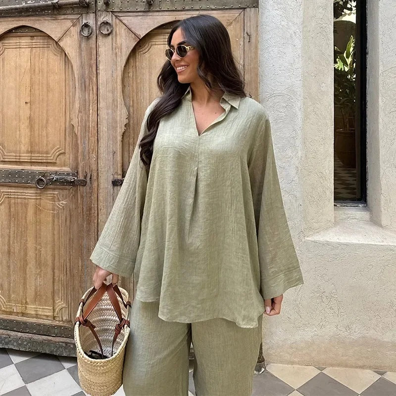 Luxury Summer and Autumn V-neck Women's Shirt Two-piece Set