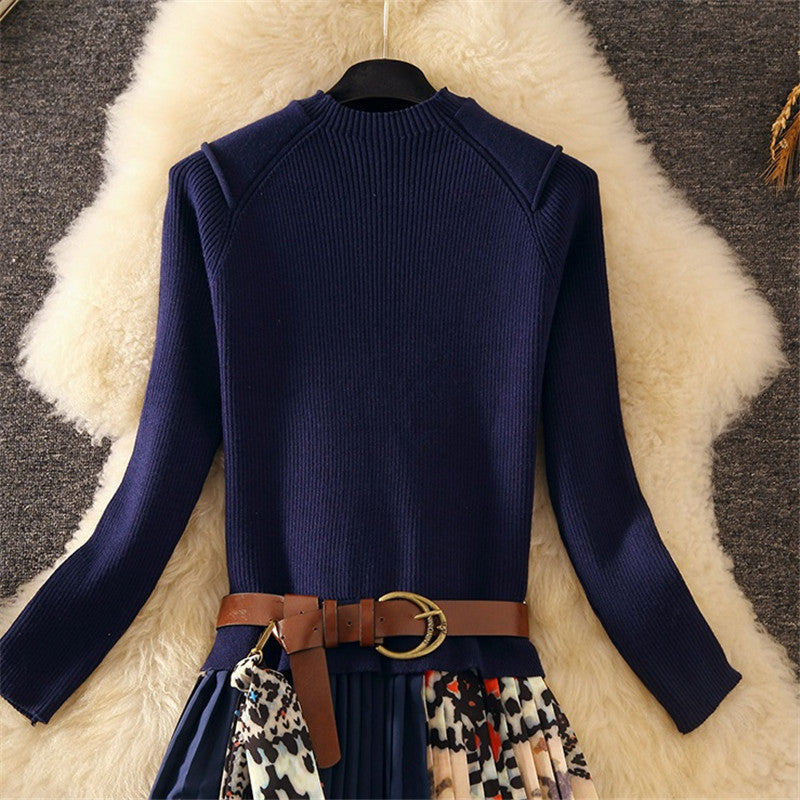 Printed Pleated Skirt Knit Patchwork Dress