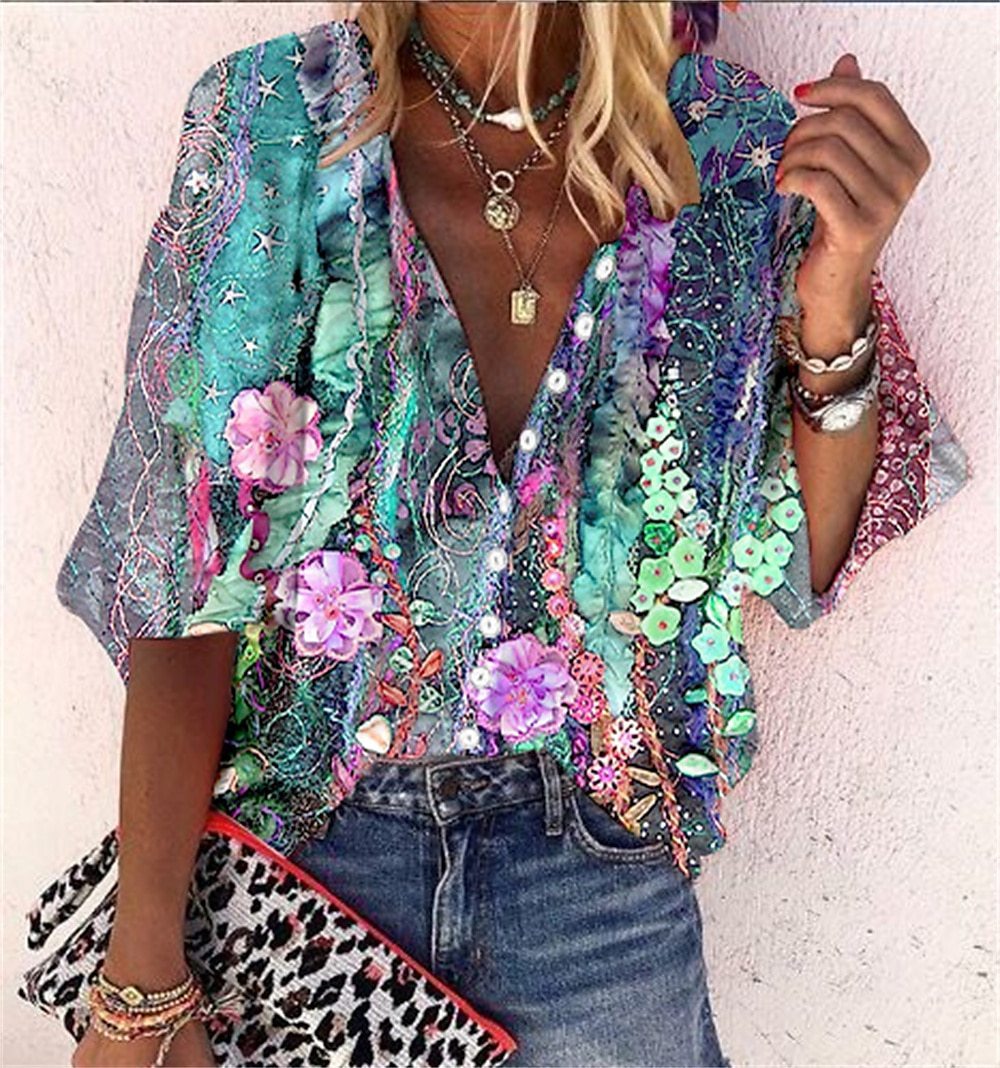3D Floral Print Loose Three-quarters Sleeve Top For Spring V-neck Casual Shirt For Women