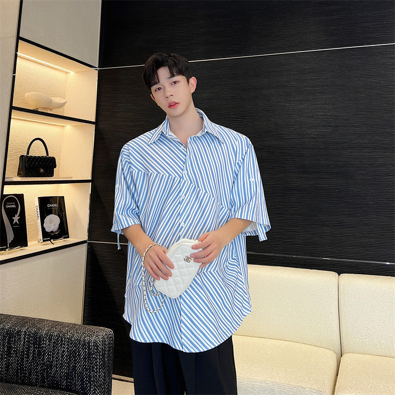 Summer Blue Striped Shirt Irregular Stitching Cardigan Loose Men