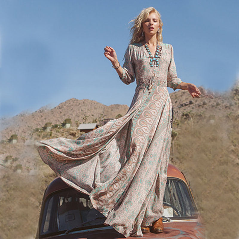 Chiffon Printed Dress Women's Fringed Long Skirt