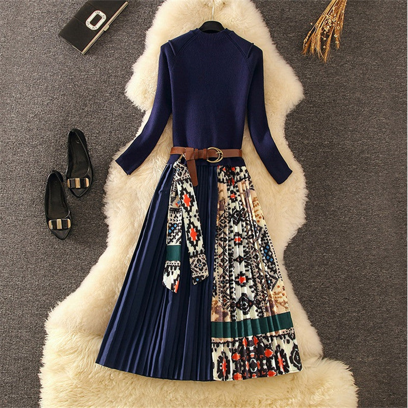 Printed Pleated Skirt Knit Patchwork Dress