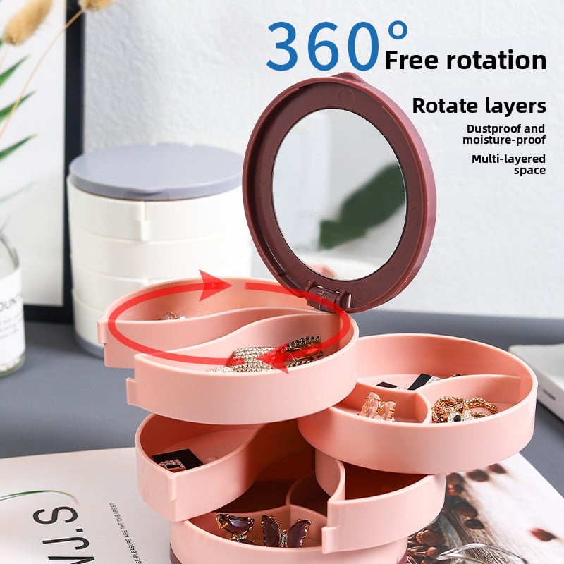 4-Layer Jewelry Box with Makeup Mirror & 360-Degree Rotation