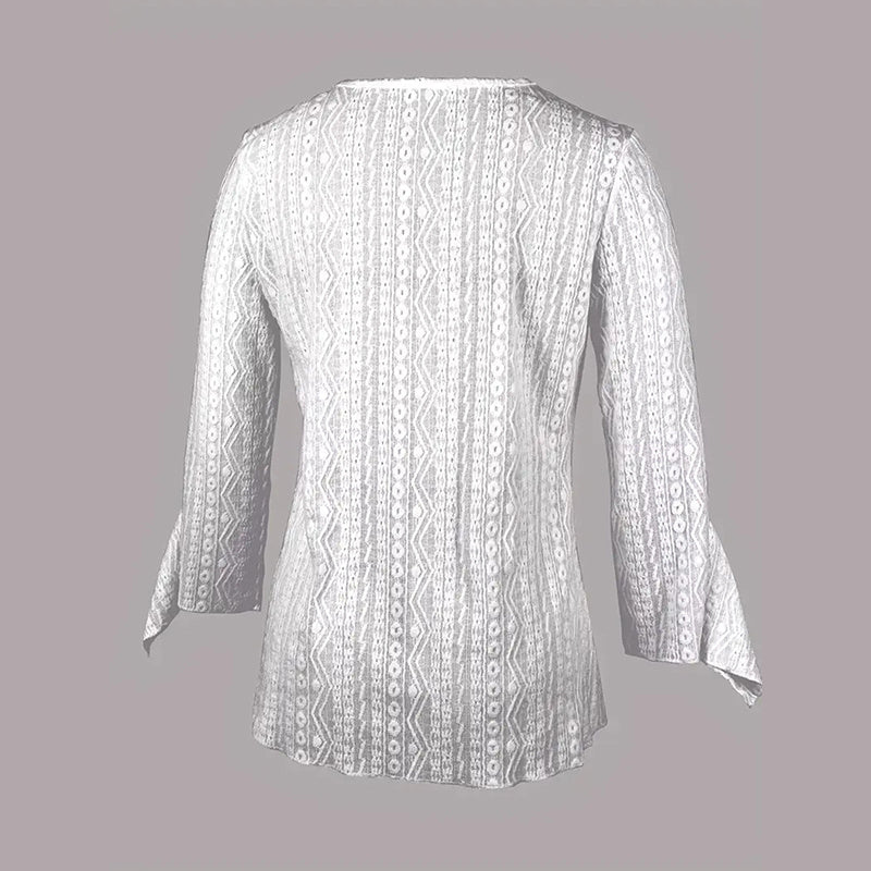 Round Neck Lace Trim Semi-Sheer Blouse - Sexy Half Sleeve Hollow Out Top