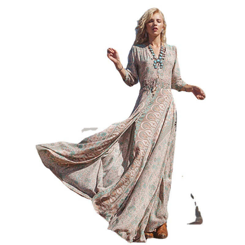 Chiffon Printed Dress Women's Fringed Long Skirt