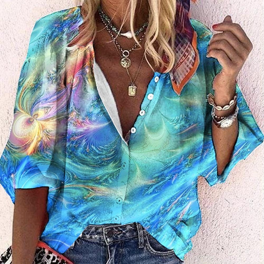 3D Floral Print Loose Three-quarters Sleeve Top For Spring V-neck Casual Shirt For Women