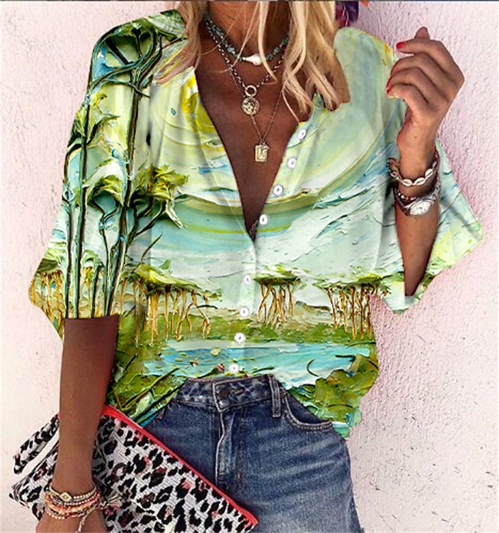 3D Floral Print Loose Three-quarters Sleeve Top For Spring V-neck Casual Shirt For Women