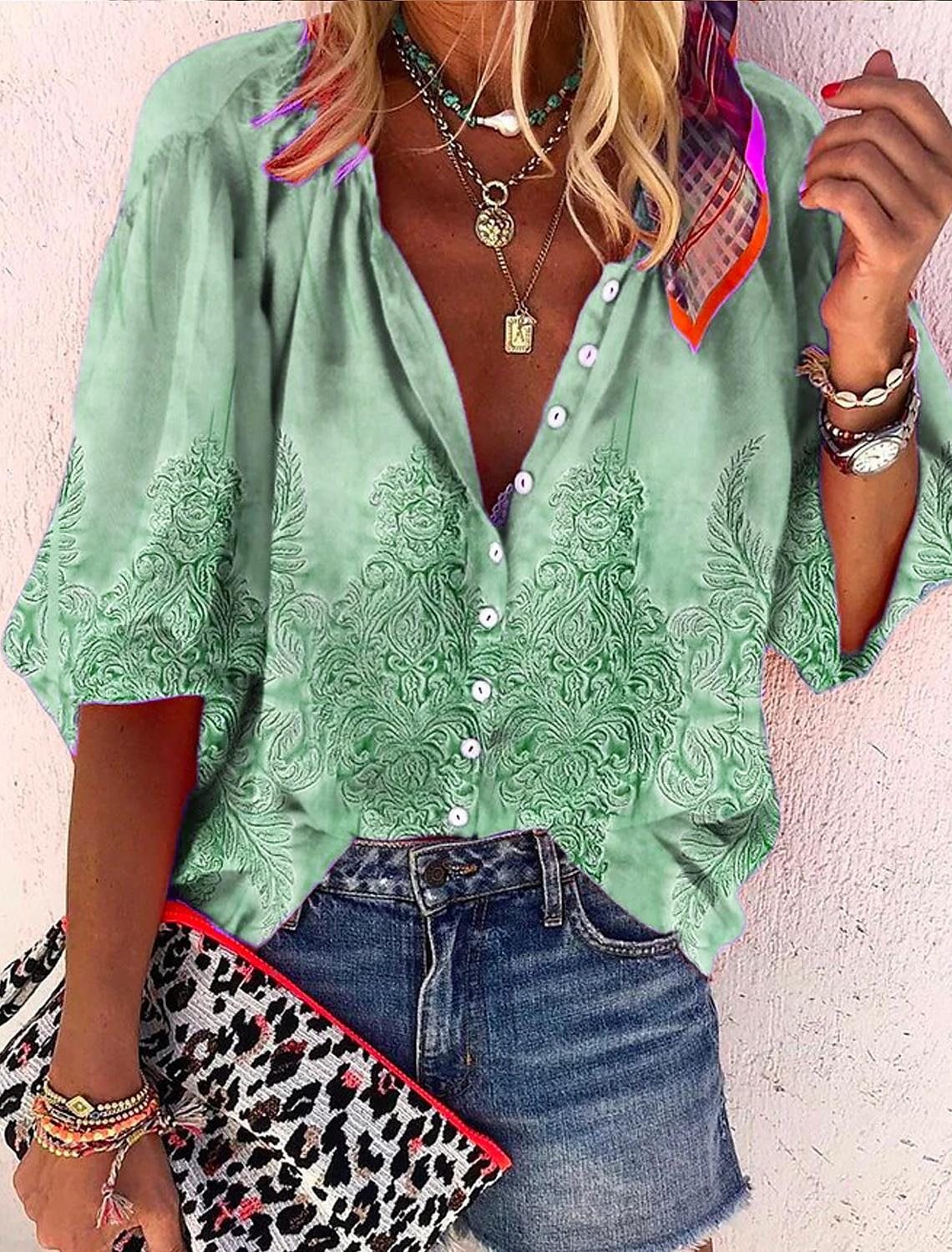 3D Floral Print Loose Three-quarters Sleeve Top For Spring V-neck Casual Shirt For Women