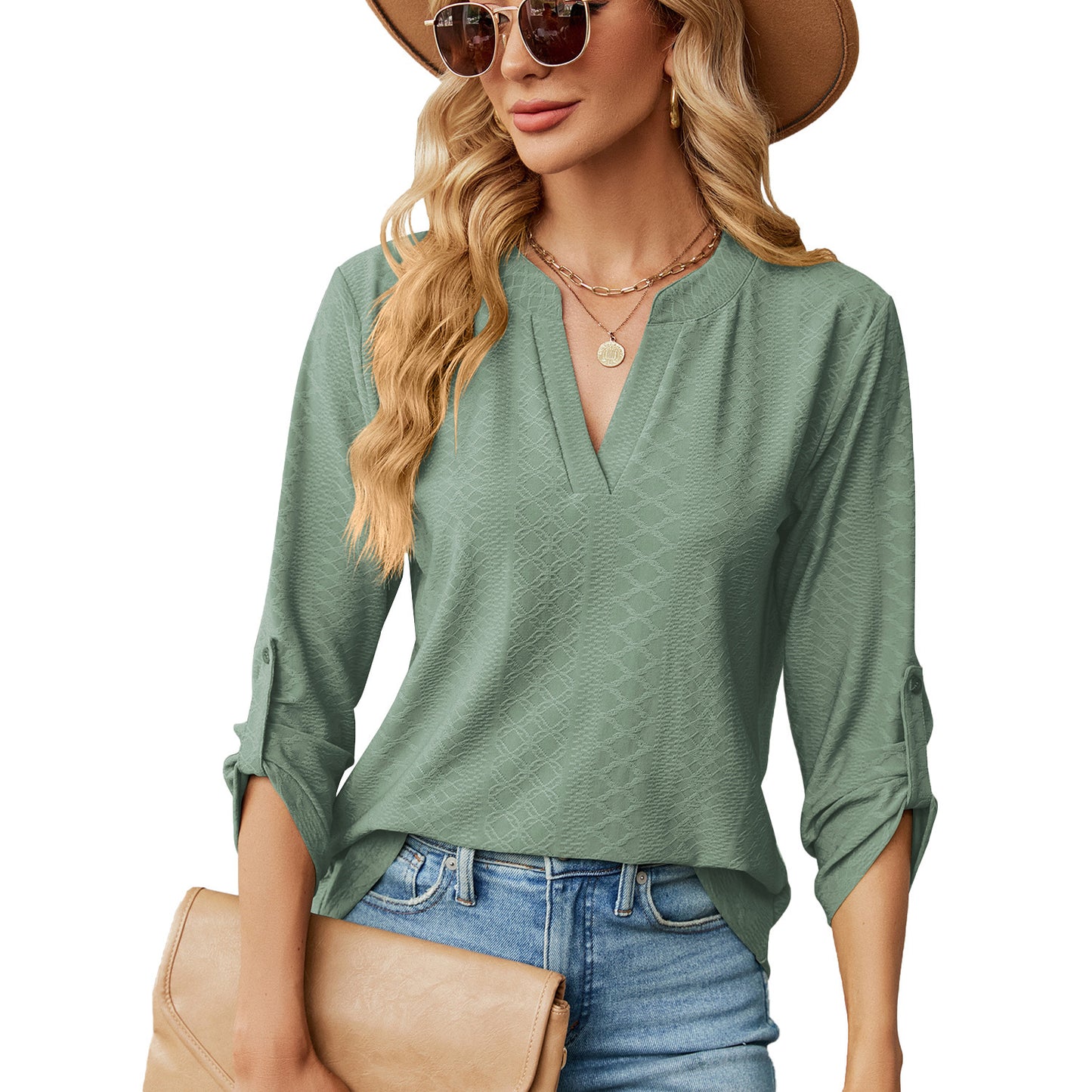 New Solid Color V-neck Three Quarter Sleeve Button Loose T-shirt Top For Women