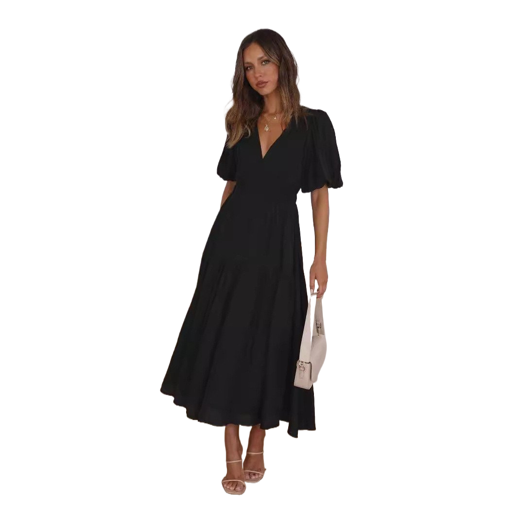 Deep V puffed sleeve vacation dress