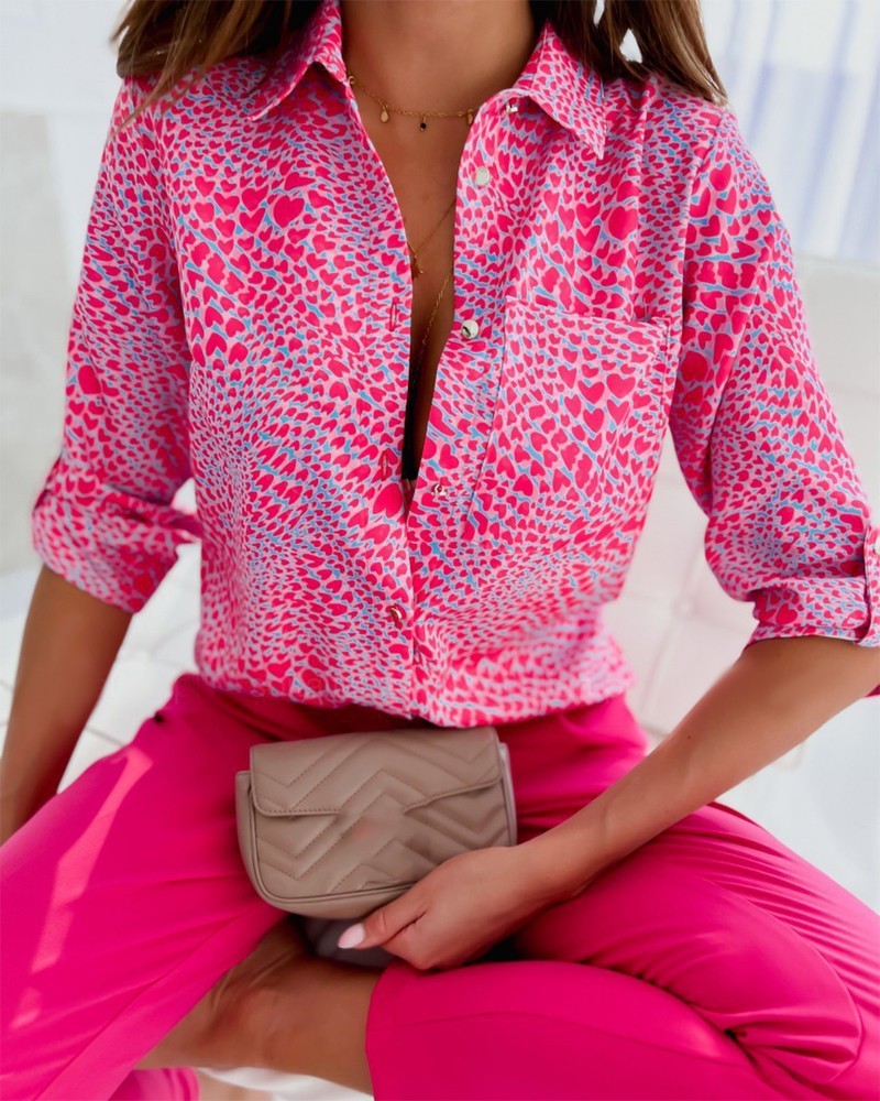 Spring And Autumn Top POLO Collar Long Sleeved Button Up Shirt Printed Shirt For Women