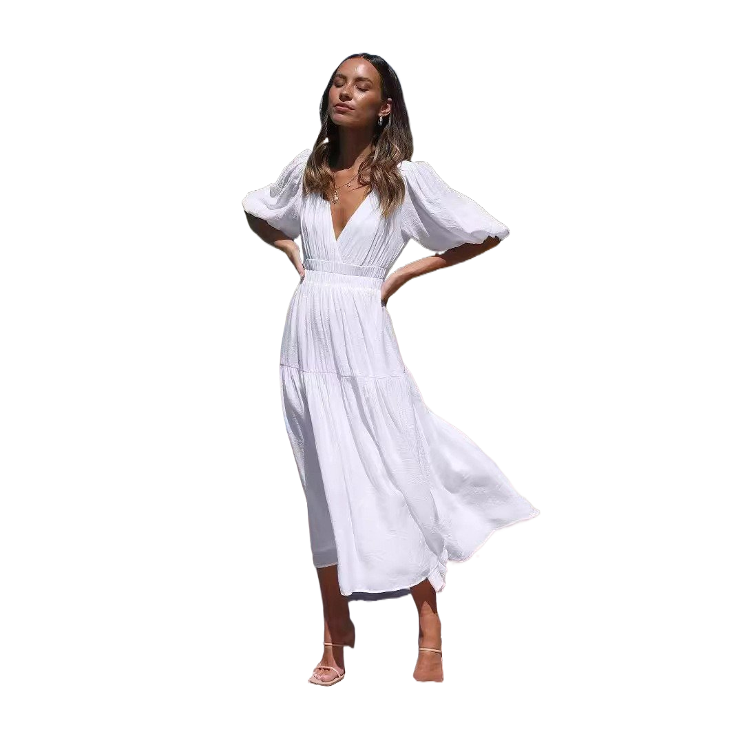 Deep V puffed sleeve vacation dress