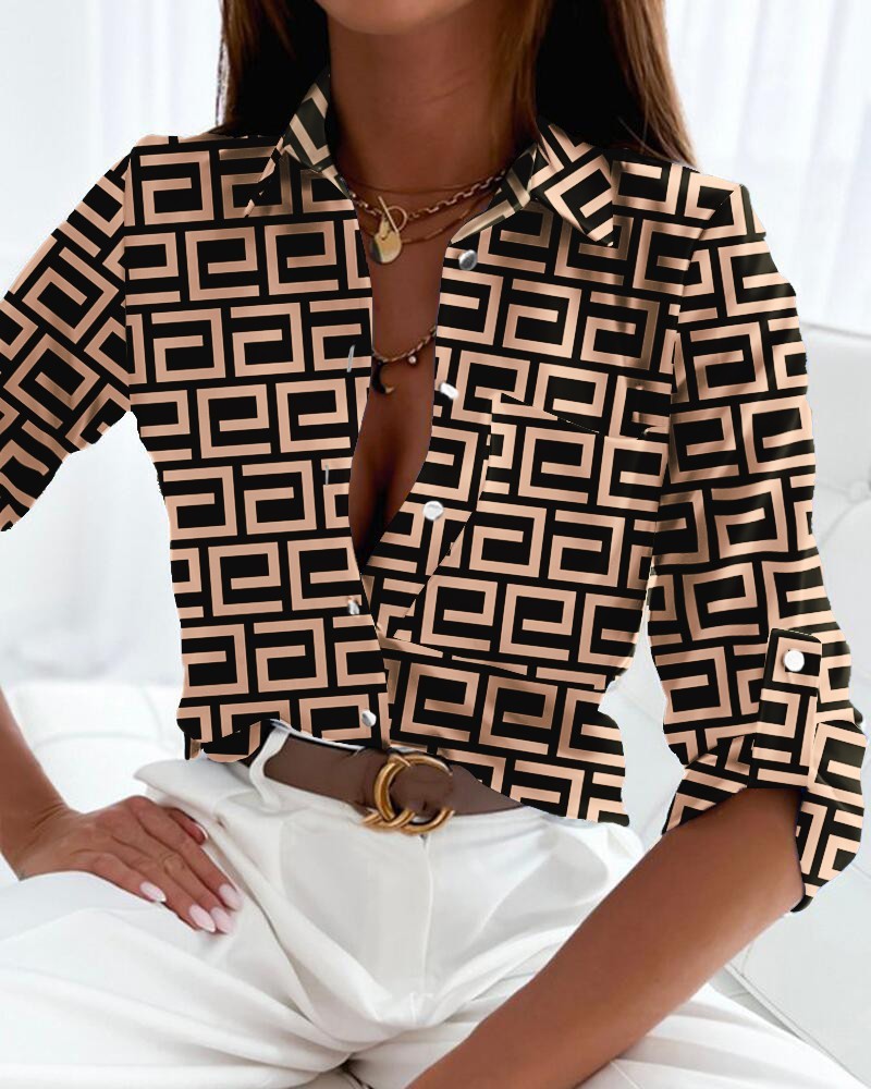 Spring And Autumn Top POLO Collar Long Sleeved Button Up Shirt Printed Shirt For Women
