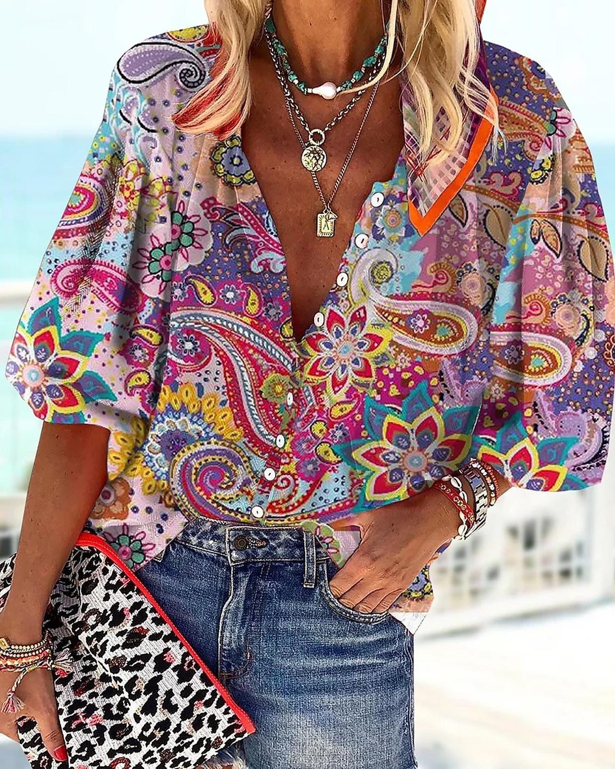 3D Floral Print Loose Three-quarters Sleeve Top For Spring V-neck Casual Shirt For Women