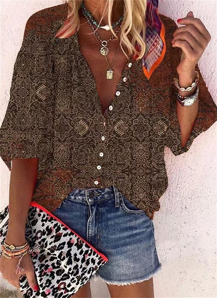 3D Floral Print Loose Three-quarters Sleeve Top For Spring V-neck Casual Shirt For Women