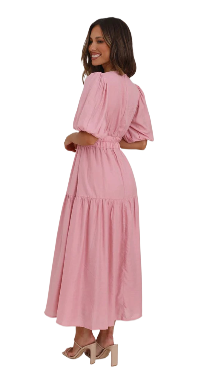 Deep V puffed sleeve vacation dress