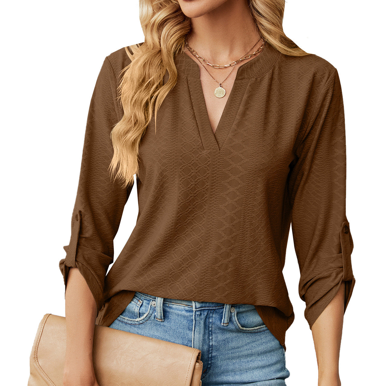 New Solid Color V-neck Three Quarter Sleeve Button Loose T-shirt Top For Women