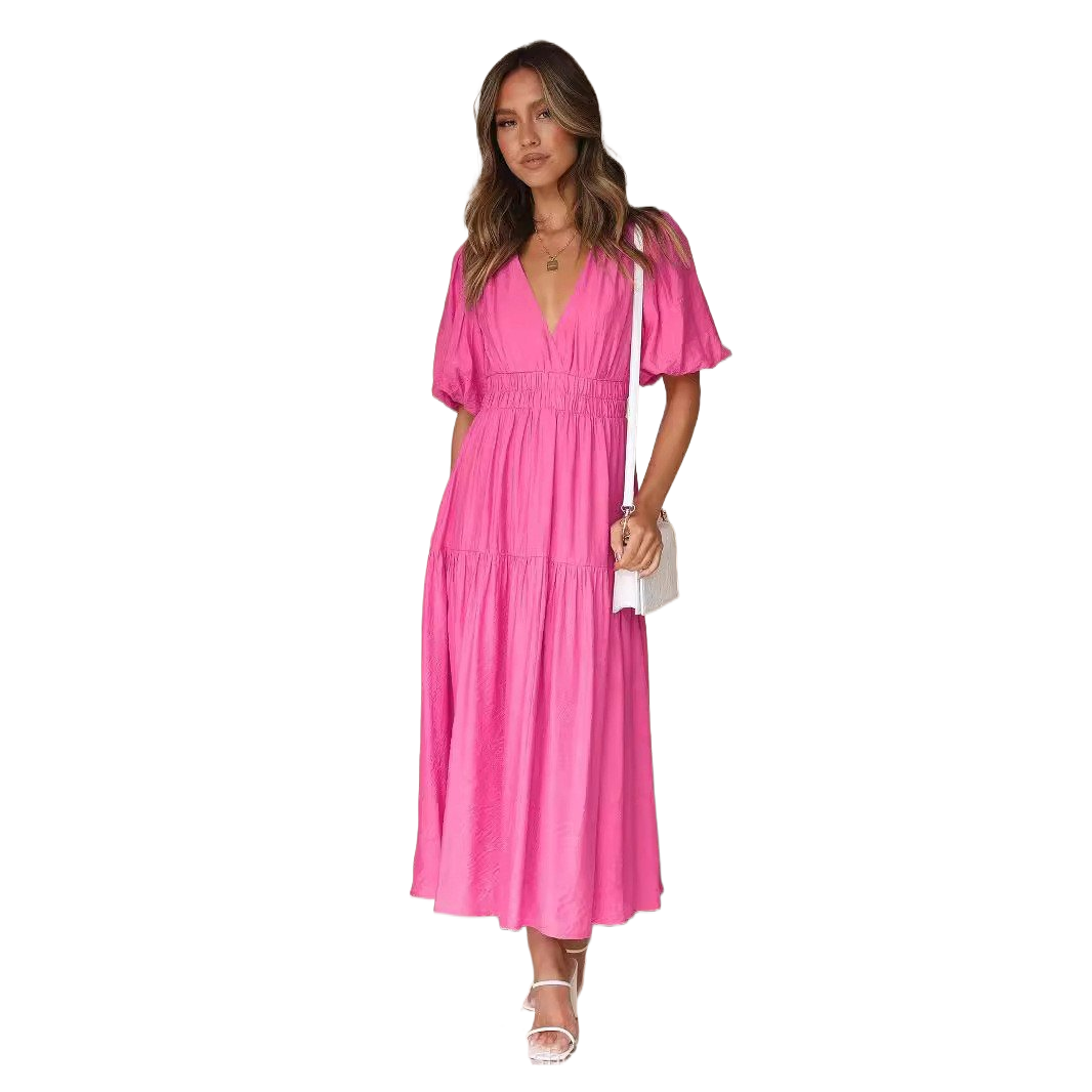 Deep V puffed sleeve vacation dress