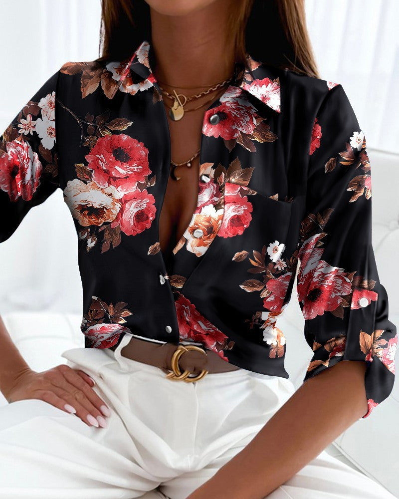 Spring And Autumn Top POLO Collar Long Sleeved Button Up Shirt Printed Shirt For Women
