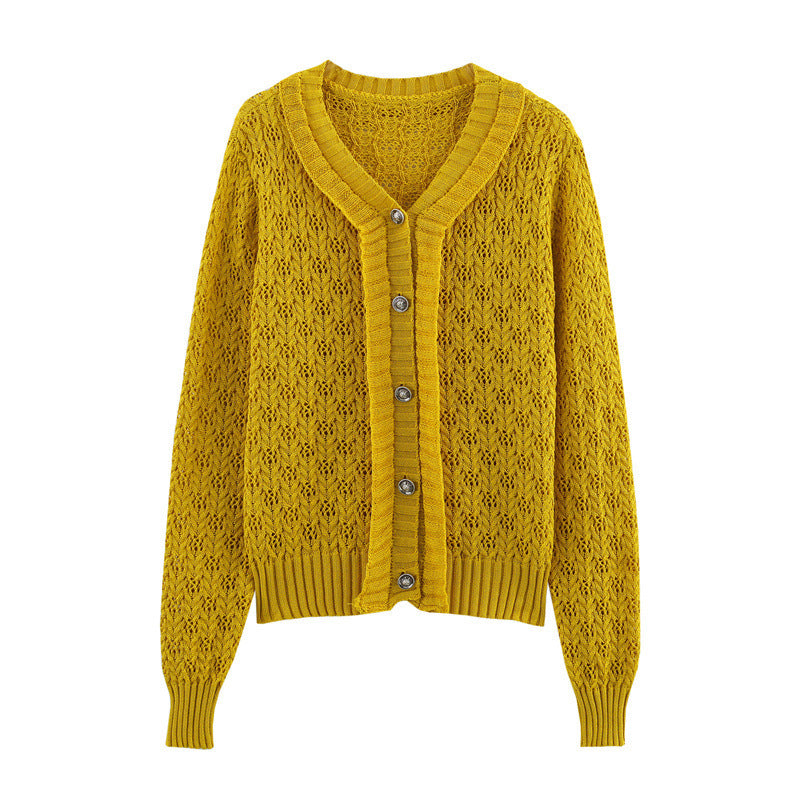Japanese Lemon Yellow Ruffled Hollow-out Short Knitted Cardigan