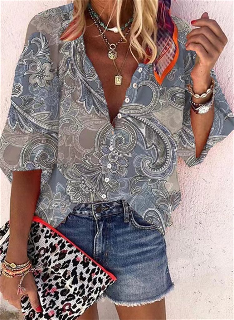 3D Floral Print Loose Three-quarters Sleeve Top For Spring V-neck Casual Shirt For Women