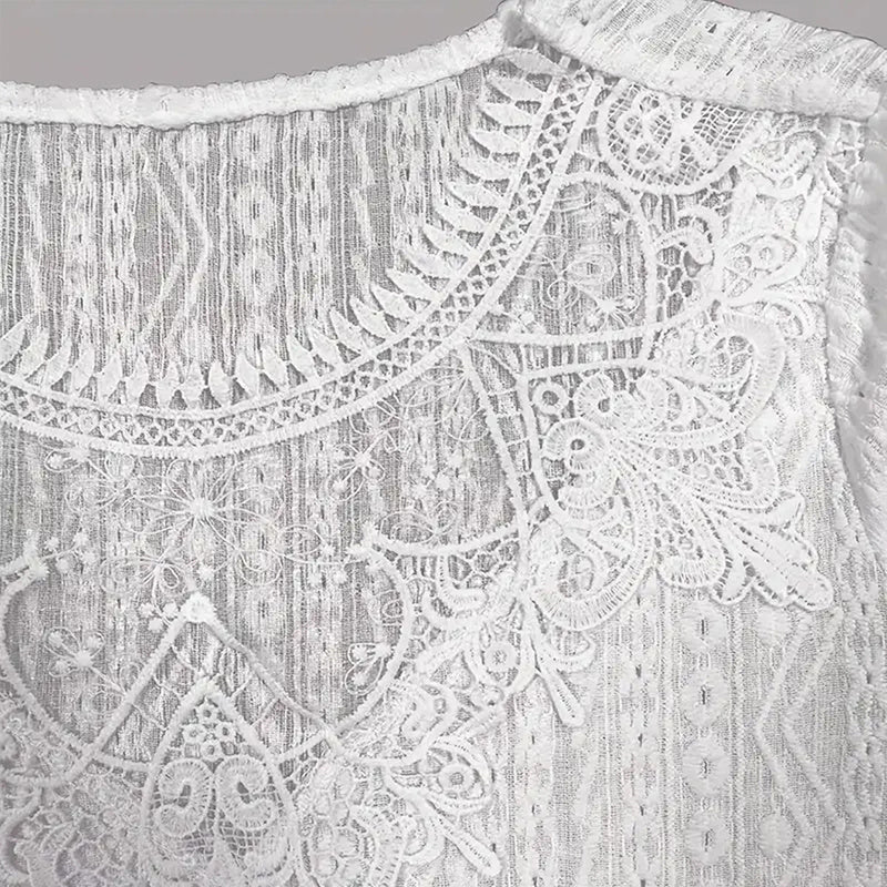 Round Neck Lace Trim Semi-Sheer Blouse - Sexy Half Sleeve Hollow Out Top