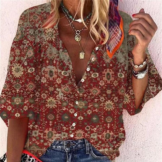 3D Floral Print Loose Three-quarters Sleeve Top For Spring V-neck Casual Shirt For Women