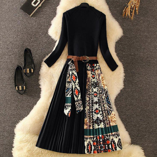 Printed Pleated Skirt Knit Patchwork Dress