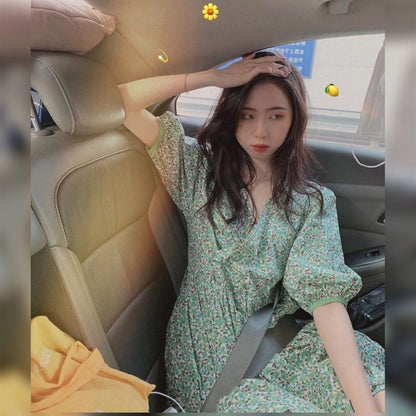 High Waist Short Skirt Small Fresh Green Floral Dress Puff Sleeve Women