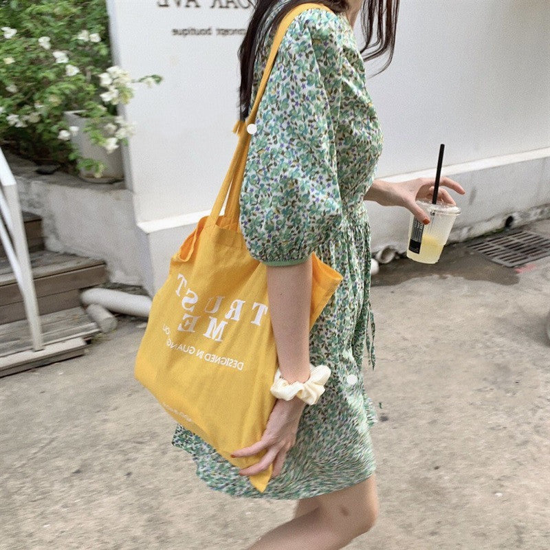 High Waist Short Skirt Small Fresh Green Floral Dress Puff Sleeve Women